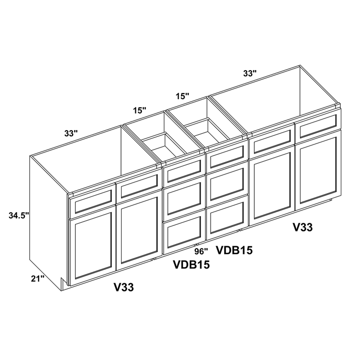 96" Vanity Drawer Base Cabinet (x2) + Double Door Vanity Cabinet (x2) + Toe Kick