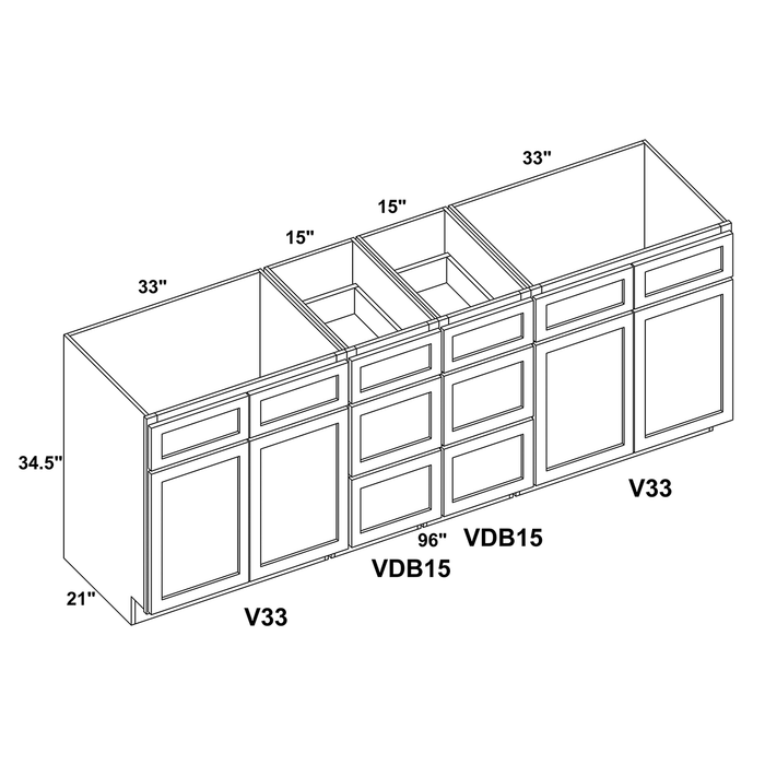 96" Vanity Drawer Base Cabinet (x2) + Double Door Vanity Cabinet (x2) + Toe KickVanity Drawer Base Cabinet (x2) + Double Door Vanity Cabinet (x2) + Toe Kick