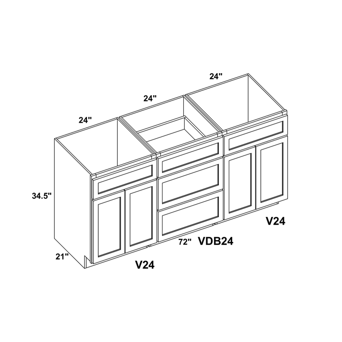 72" Vanity Drawer Base Cabinet + Double Door Vanity Cabinet (x2) + Toe Kick