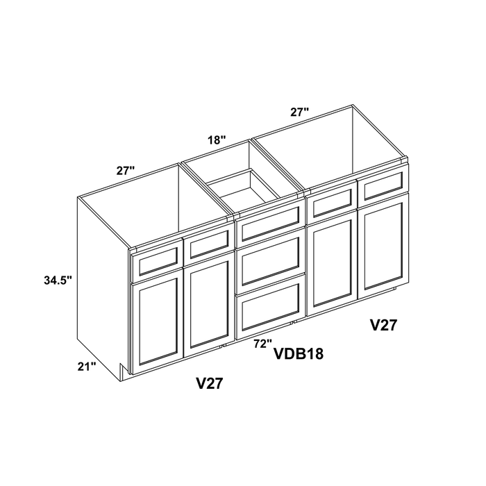 72" Vanity Drawer Base Cabinet + Double Door Vanity Cabinet (x2) + Toe Kick