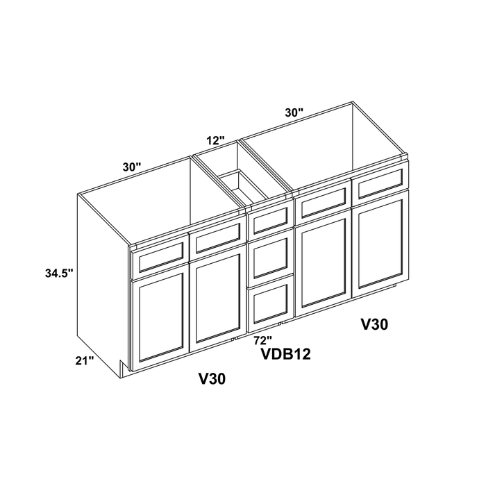72" Vanity Drawer Base Cabinet + Double Door Vanity Cabinet (x2) + Toe Kick