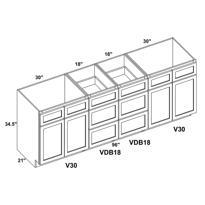 96" Vanity Drawer Base Cabinet (x2) + Double Door Vanity Cabinet (x2) + Toe Kick