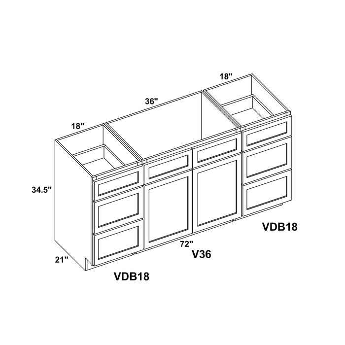 72" Vanity Drawer Base Cabinet (x2) + Double Door Vanity Cabinet + Toe Kick