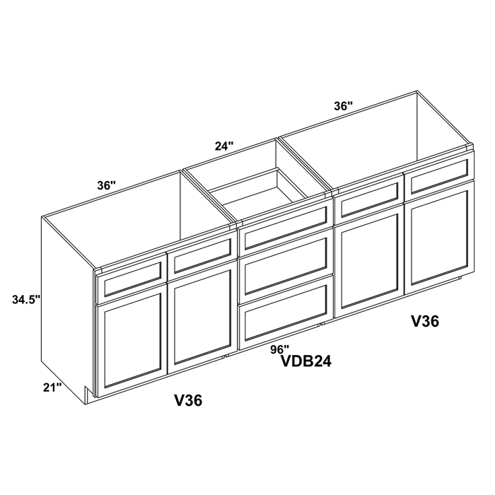 96" Vanity Drawer Base Cabinet + Double Door Vanity Cabinet (x2) + Toe Kick