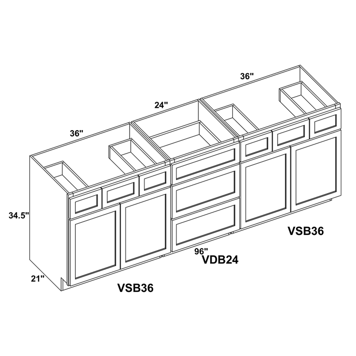 96" Vanity Drawer Base + Vanity Sink Base (x2) + Toe Kick