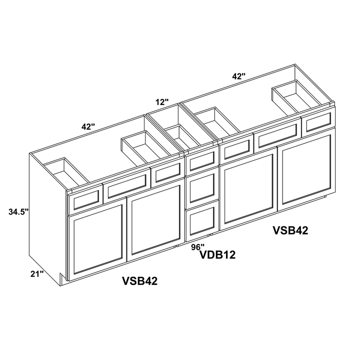 96" Vanity Sink Base (x2) + Vanity Drawer Base + Toe Kick