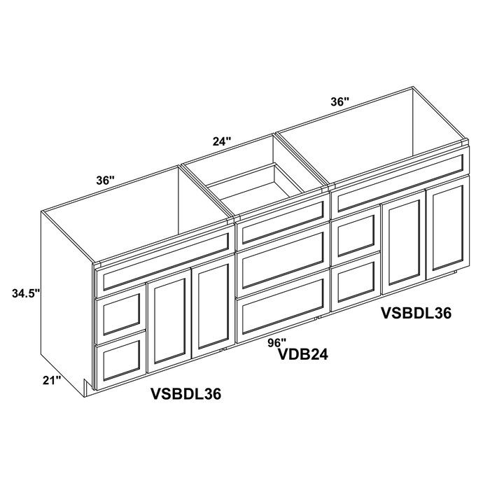 96" Vanity Sink Base Left / Right Drawer Stacking Cabinet (x2) + Vanity Drawer Base + Toe Kick