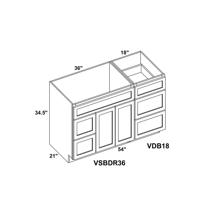 54" Vanity Sink Base Right Drawer Stacking Cabinet + Vanity Drawer Base + Toe Kick