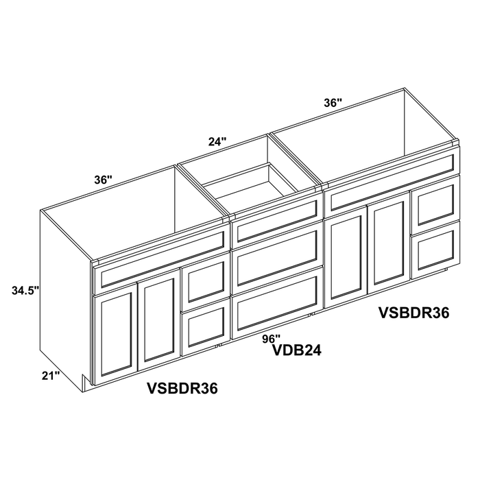 96" Vanity Sink Base Left / Right Drawer Stacking Cabinet (x2) + Vanity Drawer Base + Toe Kick