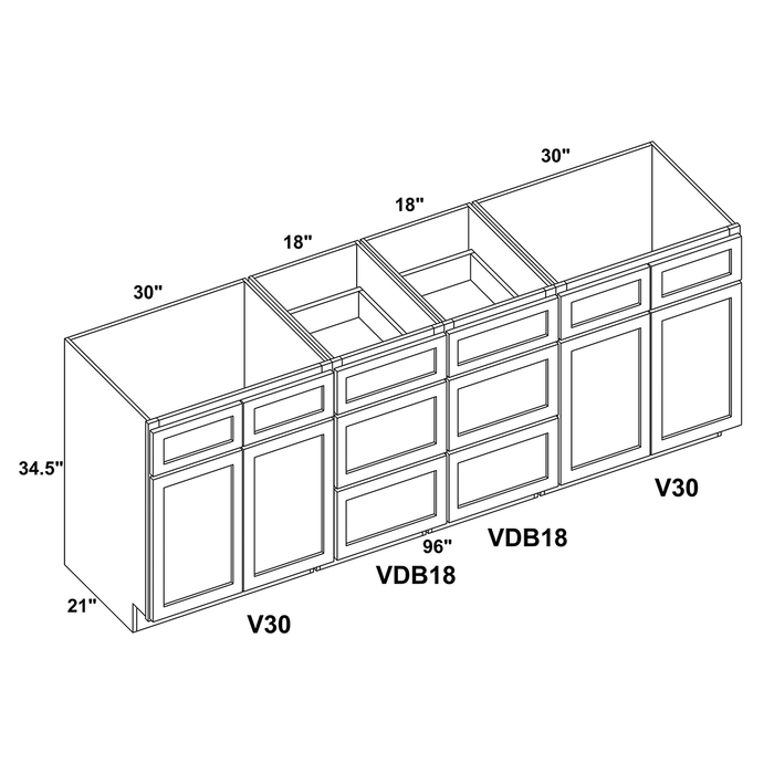 96" Vanity Drawer Base Cabinet (x2) + Double Door Vanity Cabinet (x2) + Toe Kick