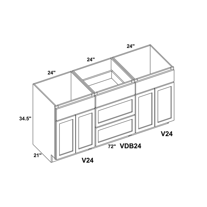 72" Vanity Drawer Base Cabinet + Double Door Vanity Cabinet (x2) + Toe Kick