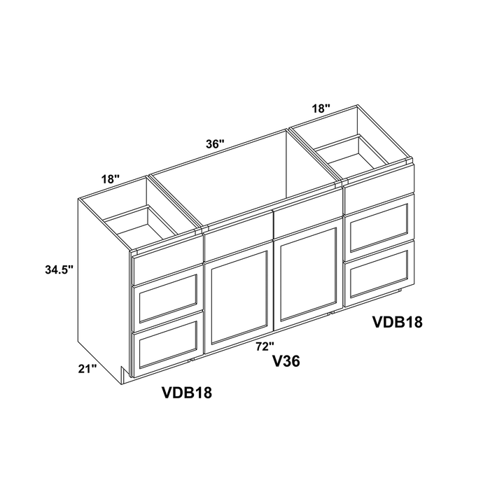 72" Vanity Drawer Base Cabinet (x2) + Double Door Vanity Cabinet + Toe Kick