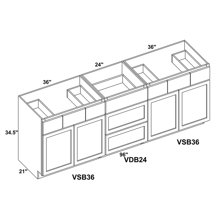 96" Vanity Drawer Base Cabinet + Double Door Vanity Sink Base Cabinet (x2) + Toe Kick