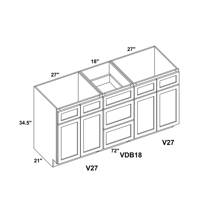 72" Vanity Drawer Base Cabinet + Double Door Vanity Cabinet (x2) + Toe Kick