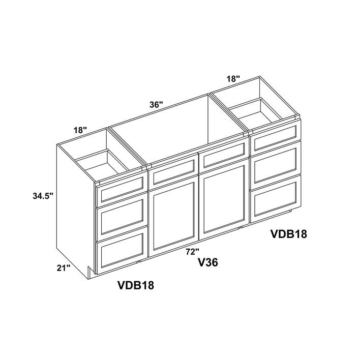 72" Vanity Drawer Base Cabinet (x2) + Double Door Vanity Cabinet + Toe Kick