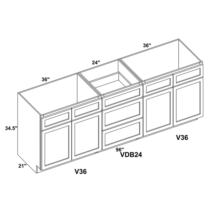96" Vanity Drawer Base Cabinet + Double Door Vanity Cabinet (x2) + Toe Kick